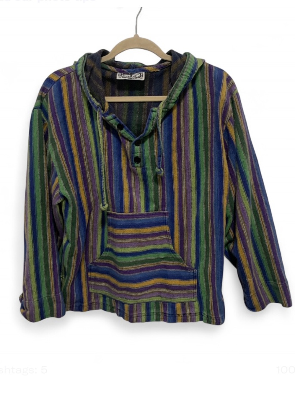 Vintage Bonjour Striped Hooded Pullover Sweatshirt Top - Green & Blue - Picture 1 of 7
